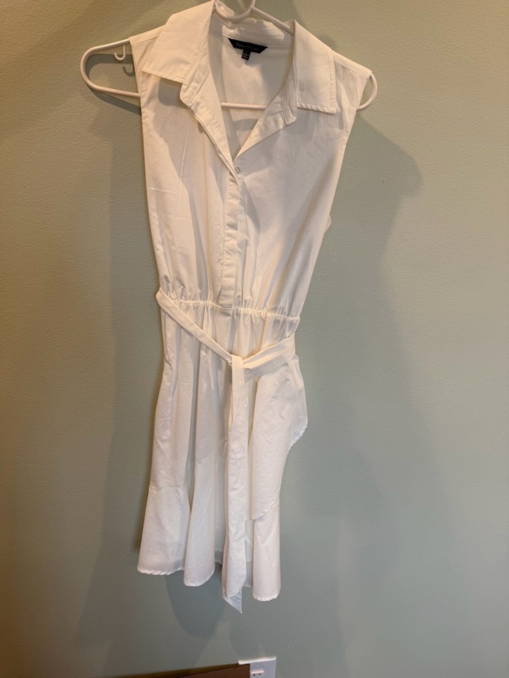 White Sleeveless Collared Shirt Dress with Waist Tie